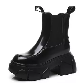Модные черные 8,5 см новые лакированные ботильоны из натуральной кожи с микрофиброй на платформе и танкетке для мотоциклистов весна-осень женские повседневные туфли на молнии 34 чёрный
