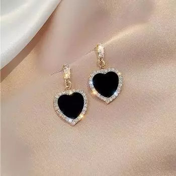 Модные черные акриловые висячие серьги в форме сердца для женщин, серьги-капли со стразами и кристаллами для девочек, вечерние романтические милые украшения чёрный