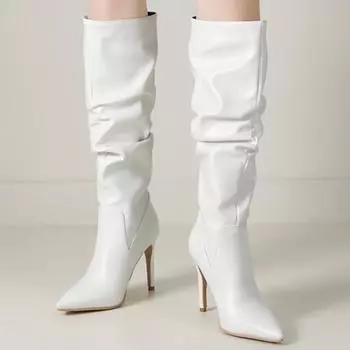 Модные черные белые сапоги до колена, женская зимняя обувь, новые тенденции 2024 года, сексуальные плиссированные длинные сапоги для женщин, большой размер 45, бренд обуви 34 чёрный