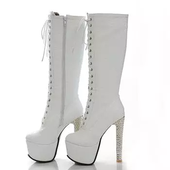Модные черные белые женские высокие сапоги Брендовые сапоги до колена Женские сексуальные роскошные каблуки на платформе со шнуровкой Фетиш Зимняя обувь Большой размер 45 34 чёрный