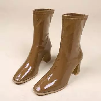Модные черные ботильоны на высоком каблуке для женщин, плиссированные лакированные короткие сапоги, женские осенние ботильоны на толстом каблуке без застежек 35