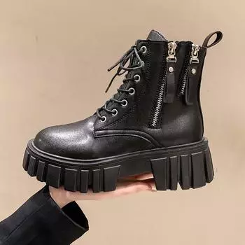 Модные черные ботильоны в британском стиле для женщин, осень-зима, новые дизайнерские мотоциклетные ботинки, женская обувь на молнии на платформе, женская обувь 35 чёрный