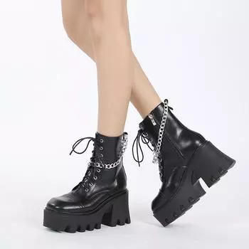Модные черные ботинки женские на каблуке весна осень со шнуровкой мягкие кожаные туфли на платформе женские ботильоны на высоком каблуке панк 2024 35 чёрный