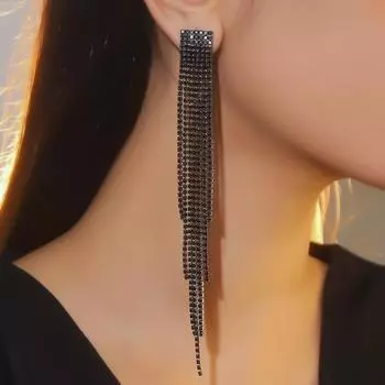 Модные черные длинные серьги с кисточками для электрофореза, роскошные блестящие серьги со стразами для женщин, 1 пара