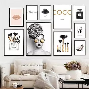 Модные черные губы, женский флакон духов, постеры для макияжа, принты, современная картина на холсте, настенные художественные фотографии, домашний декор для спальни для девочек 21x30cm No Framed
