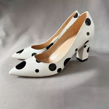 Модные черные кожаные туфли-лодочки на блочном каблуке с острым носком женские туфли-лодочки на среднем каблуке для офиса большие размеры 35-45 33