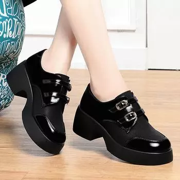 Модные черные мокасины женские 2024 осень новые британские туфли на платформе маленькие кожаные туфли женские ретро туфли на высоком каблуке Jk Shoes женские туфли-лодочки 35 чёрный