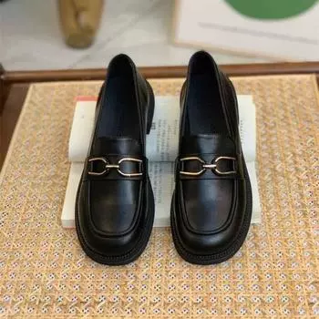 Модные черные мягкие кожаные мокасины для женщин в британском стиле с круглым носком, удобные, с мягкой подошвой, на среднем каблуке, повседневные прогулочные туфли 35 чёрный