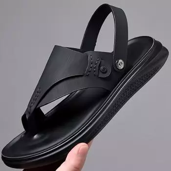 Модные черные мужские шлепанцы из мягкой кожи, летние мужские кожаные сандалии, дышащая нескользящая повседневная кожаная обувь, пляжная обувь для отдыха на природе 38 чёрный