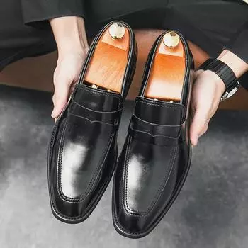 Модные черные мужские туфли-лоферы, свадебные деловые мужские туфли, модельные туфли из искусственной кожи, слипоны, сплошной круглый носок, мужская обувь ручной работы, размер 38-44 38 чёрный