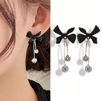 Модные черные серьги с кисточками и бантом, аксессуары для вечеринок, серьги-гвоздики, ювелирные изделия