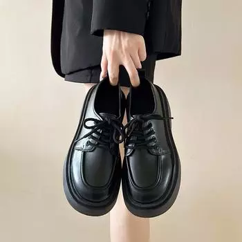 Модные черные туфли-лоферы в британском стиле для женщин, модные повседневные туфли на платформе, женские туфли-лодочки из искусственной кожи с кружевом, женские туфли 35 матовый черный