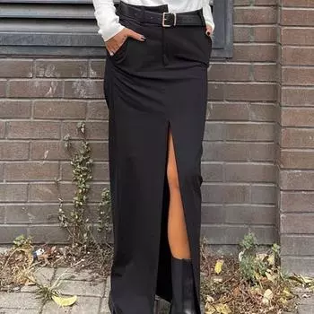Модные черные юбки для офиса для женщин, элегантная длинная юбка с высокой талией и разрезом, повседневная шикарная женская юбка S чёрный
