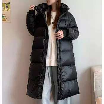 Модные черные утепленные зимние куртки женские повседневные тонкие уличные длинные пуховики женские шикарные свободные верхние куртки с капюшоном теплые жилеты L чёрный