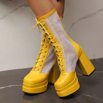 Модные черные, желтые, белые женские сапоги до середины икры на платформе, на шнуровке, в стиле панк, на высоком каблуке, женские сексуальные танцевальные туфли для стриптиза, большой размер 34 чёрный