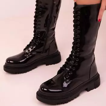 Модные черные женские сапоги из лакированной кожи
