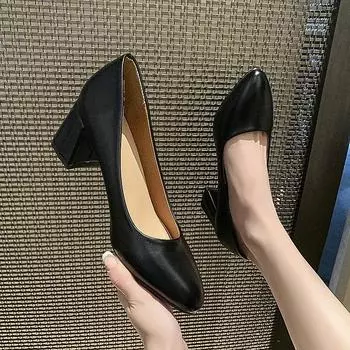 Модные черные женские туфли на высоком каблуке, лето 2024, новый стиль, острый толстый каблук, неглубокий носок, профессиональные туфли средней высоты в корейском стиле 35 чёрный