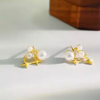 Модные четырехконечные жемчужные серьги для женщин с нишевым дизайном, высококачественные серьги