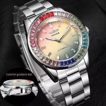 Модные цветные бриллиантовые часы для мужчин, подарки, автоматические механические часы, наручные часы со стальным ремешком, розовый циферблат с принтом тай-дай синий