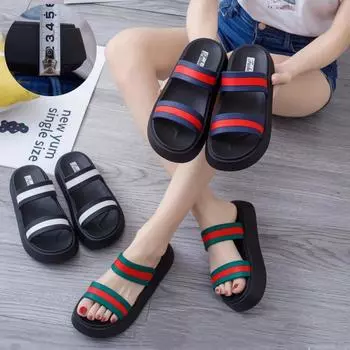 Модные цветные двухремешевые женские нескользящие тапочки для дома и улицы на толстой подошве 36-40