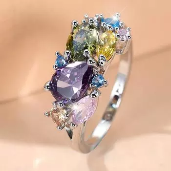 Модные цветные кольца из циркония CZ для женщин, серебряное кольцо на палец, коктейльная вечеринка, фестиваль, ювелирный подарок 6 серебряный/разноцветный