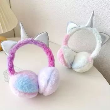 Модные цветные мягкие плюшевые пушистые наушники-вкладыши с единорогом для детей, зимние теплые плюшевые наушники с милыми кошачьими ушками, детская меховая шапка с принтом тай-дай