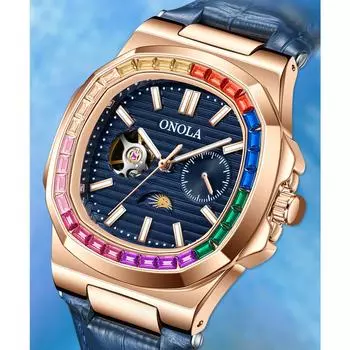 Модные цветные полые наручные часы с бриллиантами, автоматические механические мужские и женские часы, водонепроницаемые кожаные часы для мужчин синий/ярко-розовый