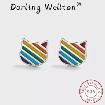 Модные цветные серьги-гвоздики с кошачьими ушками для женщин, изумрудно-оранжевые оригинальные серьги из стерлингового серебра для вечеринок, ювелирные изделия, эмалированные вручную серьги из стерлингового серебра белый