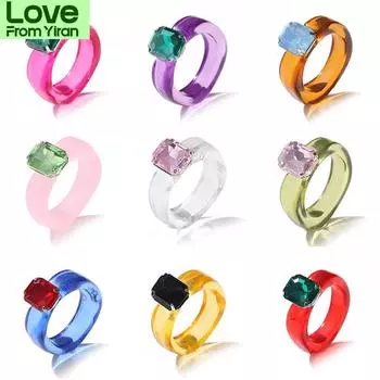 Модные цветные женские кольца настроения из смолы, винтажные простые акриловые кольца со стразами, геометрические хип-хоп пластиковые кольца, ювелирные изделия