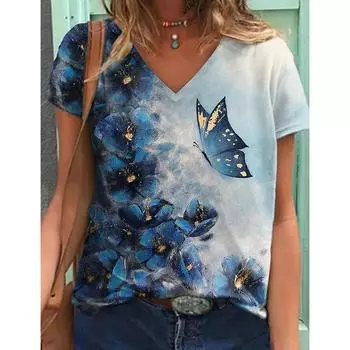 Модные цветочные 3D-принты футболки бабочки женская уличная футболка Y2k топы с V-образным вырезом футболки женские девушки свободные размеры одежда Harajuku 2XL