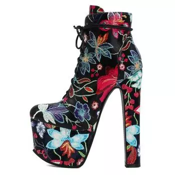 Модные цветочные ботильоны женские туфли на платформе сексуальные 17 см ультра высокие каблуки короткие ботинки на шнуровке женские фетиш вечерние туфли большой размер 34 чёрный