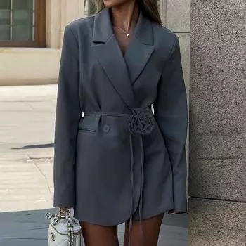 Модные цветочные ремни для офиса, женские свободные пиджаки с карманами и длинным рукавом, однотонные повседневные пиджаки, осень, новинка S чёрный