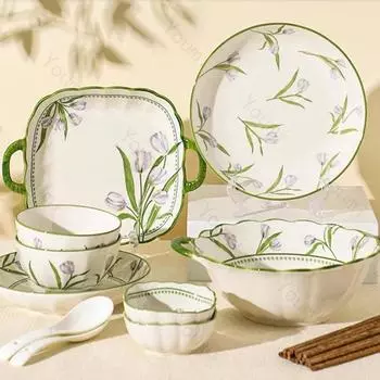 Модные цветы Керамическая тарелка Роскошные рестораны Спагетти Салат Тарелка Вкусные блюда Обеденные тарелки Изысканная домашняя посуда