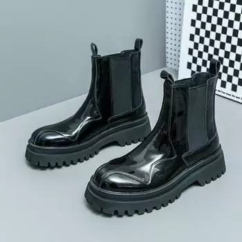 Модные деловые лакированные кожаные ботинки, ботильоны до середины голени с толстой подошвой, уличные кожаные ботинки, мужские короткие круглые ботинки 38 зелёный