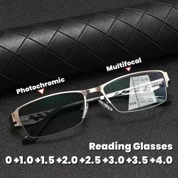Модные деловые металлические фотохромные очки ультралегкие полуоправы мультифокальные очки для чтения анти-синий свет пресбиопия очки +1.0