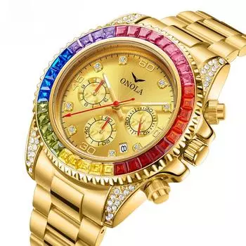 Модные деловые золотые часы, водонепроницаемые, с твердым сердечником, стальной ремень, радуга, DI, мужские, новые