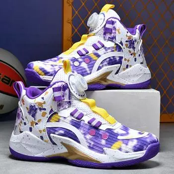 Модные детские баскетбольные кроссовки 2024 года, повседневная обувь с вращающейся пряжкой, новый узор, дышащие амортизирующие кроссовки для детей 31