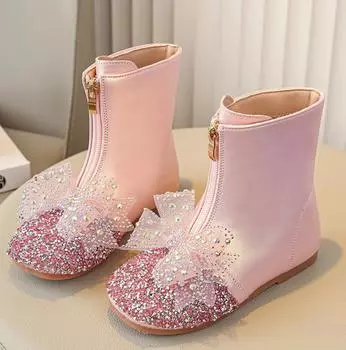 Модные детские ботинки 2024 года, модная обувь для девочек, модные ботинки челси с пайетками и бантом для принцессы, водонепроницаемые нескользящие ботинки для вечеринок для девочек 26 розовый