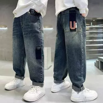 Модные детские джинсовые брюки Одежда Осень Весна Мальчики Джинсы Детские джинсовые длинные брюки Мальчик Повседневные брюки Джинсы 170 синий