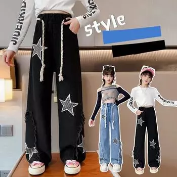 Модные детские джинсы с принтом звезд для девочек, весна-осень, деним 170cm чёрный