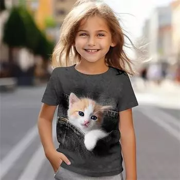 Модные детские футболки с 3D-принтом Kawaii Cat Streetwear для мальчиков и девочек Футболки большого размера с коротким рукавом для детей Футболки Топы Одежда 100