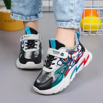 Модные детские кожаные кроссовки, модные осенне-зимние новые студенческие кроссовки с мягкой подошвой 21 inner length 14.0cm чёрный