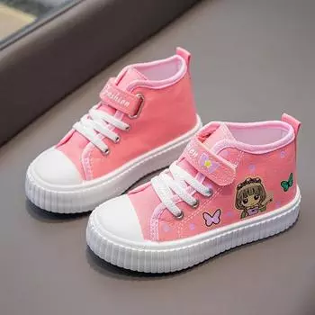 Модные детские кроссовки с героями мультфильмов, осенние туфли для девочек из парусины с высоким берцем, 2024 г., новые детские туфли на мягкой подошве, нескользящие, дышащие, размер 26-37 26 розовый