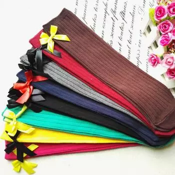 Модные детские носки-трубочки, носки-юбки для девочек, хлопковые носки, цветные носки с двойной строчкой и вертикальным бантом 38CM