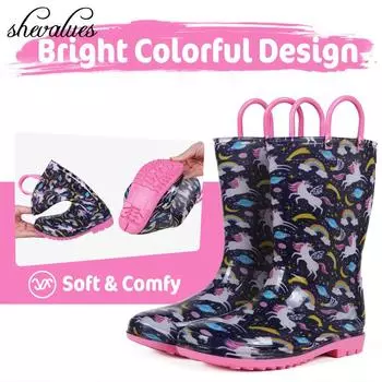 модные детские резиновые сапоги Shevalues с ручками, милые, с изображением динозавра-единорога, унисекс, для детей, водонепроницаемые, нескользящие, для улицы 23-Foot 6.06inch синий