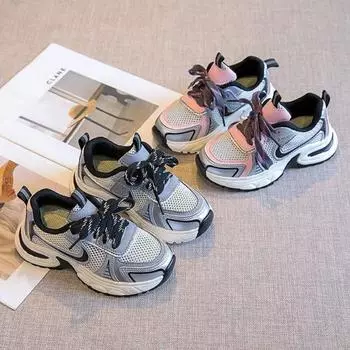 Модные детские сетчатые дышащие толстые кроссовки унисекс в полоску повседневная спортивная обувь для малышей мальчиков девочек теннисные туфли 6-16 лет лето осень 26 серый