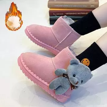 Модные детские теплые зимние ботинки, новые зимние хлопковые ботинки с милым медведем из мультфильма 25 чёрный