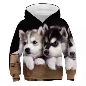 Модные детские толстовки с 3D принтом и милыми собаками, спортивная одежда с капюшоном для мальчиков и девочек, уличная одежда для детей 4, 5, 6, 7, 8, 9–14 лет 100