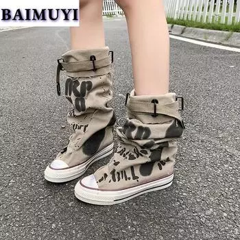 Модные дизайнерские ковбойские высокие сапоги Женская обувь Плоские повседневные кроссовки 2024 года Тренд Челси Осенние парусиновые ботильоны Mujer Zapatillas 35 хаки