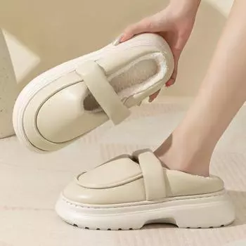 Модные дизайнерские плюшевые тапочки женские зимние из искусственной кожи с мягкой подошвой домашние тапочки женские водонепроницаемые нескользящие теплые туфли с хлопковой подкладкой 36-37 бежевый